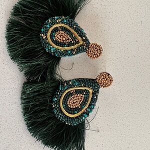 Artisan Green and Gold Paisley Earrings with Fringe